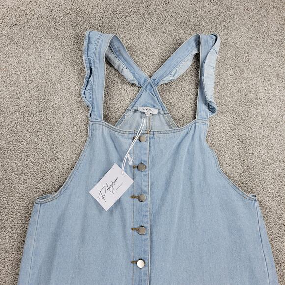 Polagram Overalls Button Up Denim Jumpsuit Womens L Blue Light Wash Ruffle Strap - Picture 5 of 16